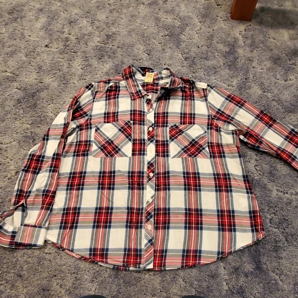 Red white and blue with black plaid shirt